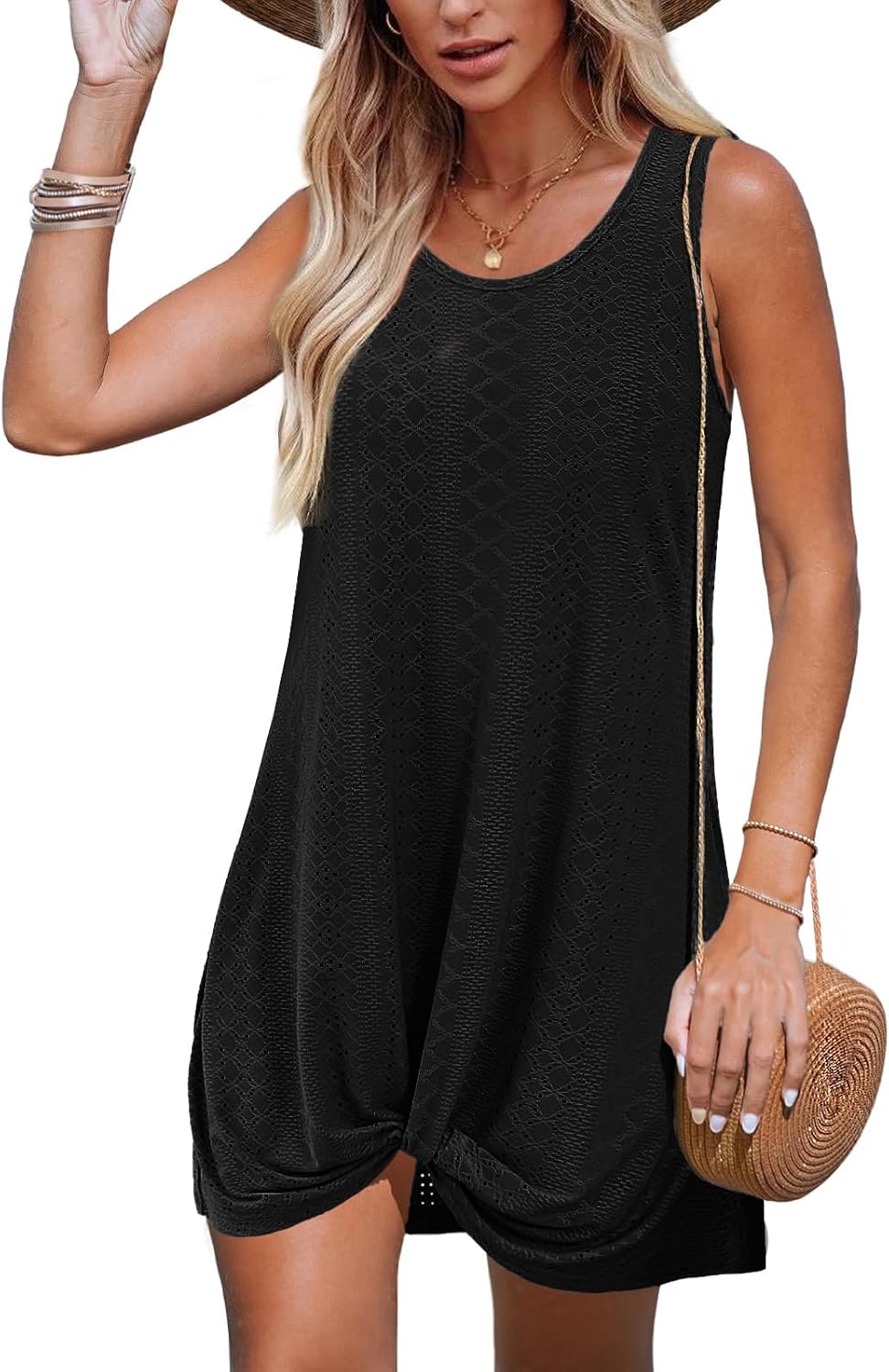 BKRIVE Swimsuit Coverup Summer Dresses for Women Vacation Essentials Eyelet Crew Neck Loose Sleeveless Twisted Dresses