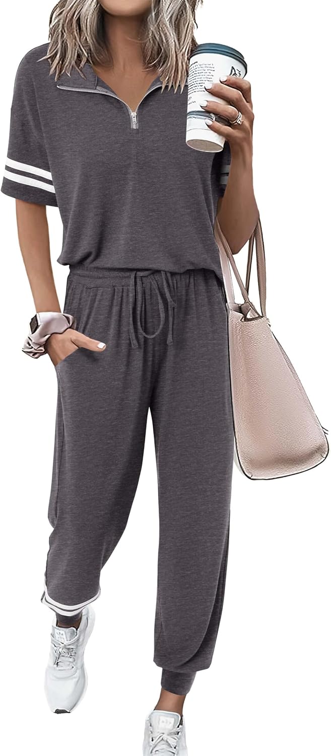 MASCOMODA 2 Piece Outfits for Women 2026 Summer Casual Quarter Zip Short Sleeve Tops Long Pants Tracksuit Jogger Lounge Sets