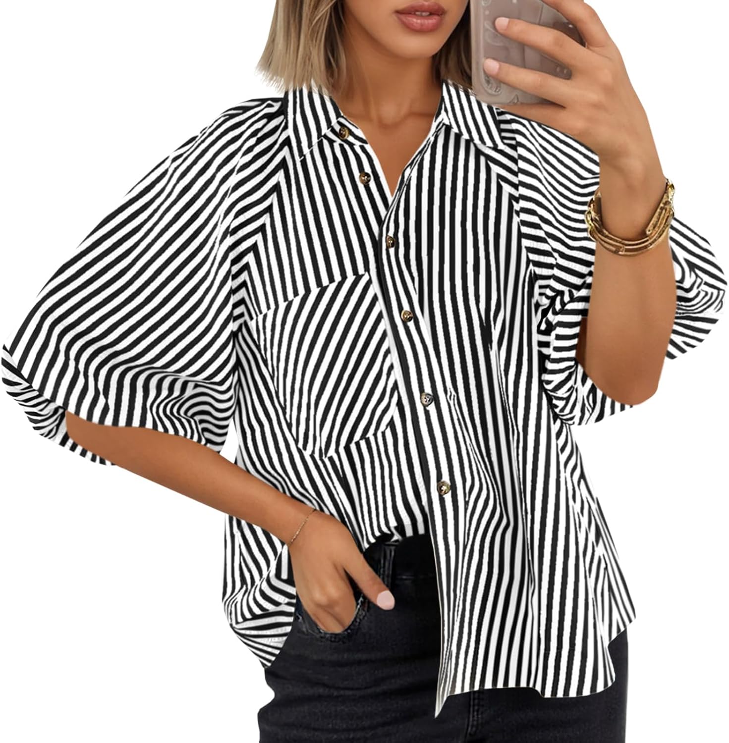 Tankaneo Womens Short Puff Sleeve Button Down Shirts Striped Trendy Casual Loose Fit Blouse V Neck Collared Tops