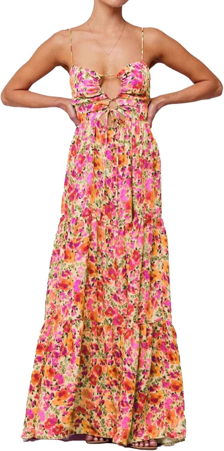 ABYOVRT Women Floral Maxi Dress Tie Front Cut Out Backless Boho Spaghetti Strap Summer Beach Sundress