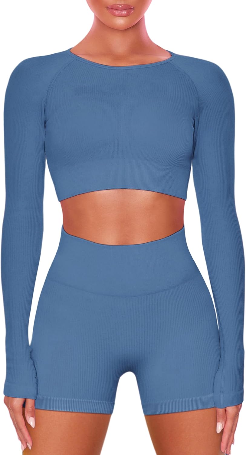 Buttergene Women Workout Sets 2 Pieces Long Sleeve Yoga Outfits Gym Clothes Seamless Ribbed Crop Top High Waist Leggings