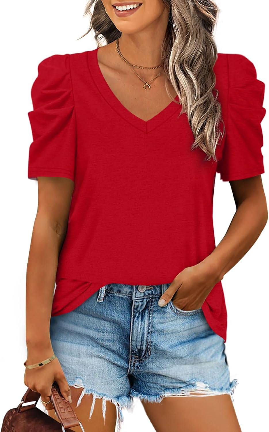 XIEERDUO Womens Summer Shirt V Neck Casual Tshirts Puff Sleeve Tops for Women Solid Color XS-3XL