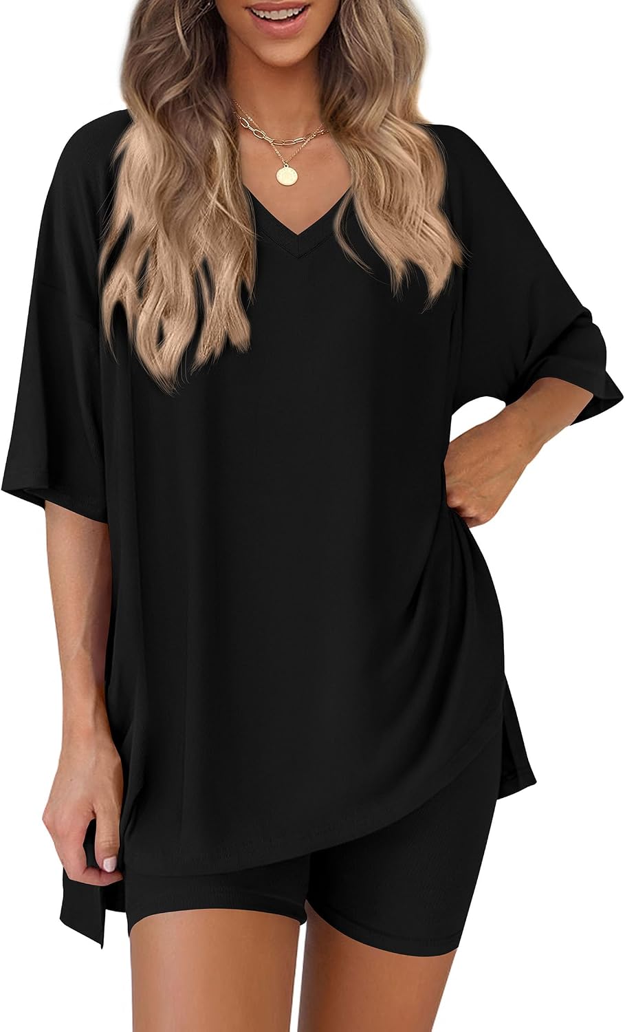 PRETTYGARDEN 2 Piece Sets for Women Summer 2026 Lounge Short Set Spring Matching Biker Shorts V Neck Oversized Shirt Clothing