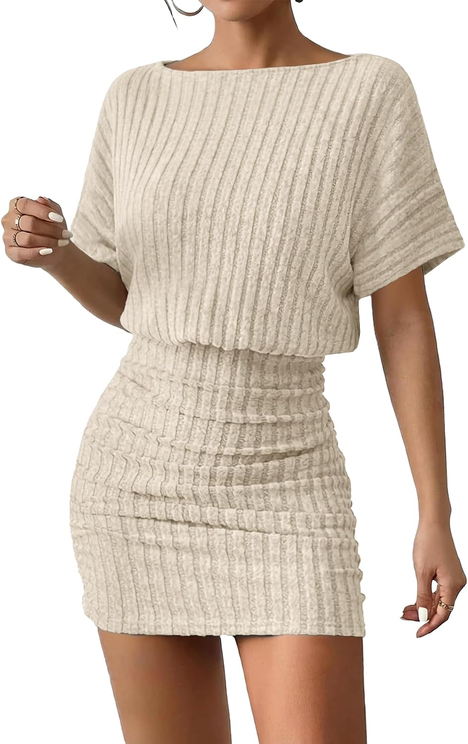 AUXDIO Women Summer Casual Dress 2026 Short Sleeve Sexy Ribbed Knit Party Club Mini Dress