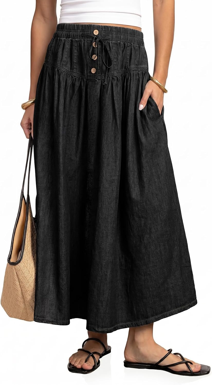 Flowyair Womens Drawstring High Waisted Denim Midi Skirts Casual A-Line Button Front Pleated Jean Long Skirts with Pockets