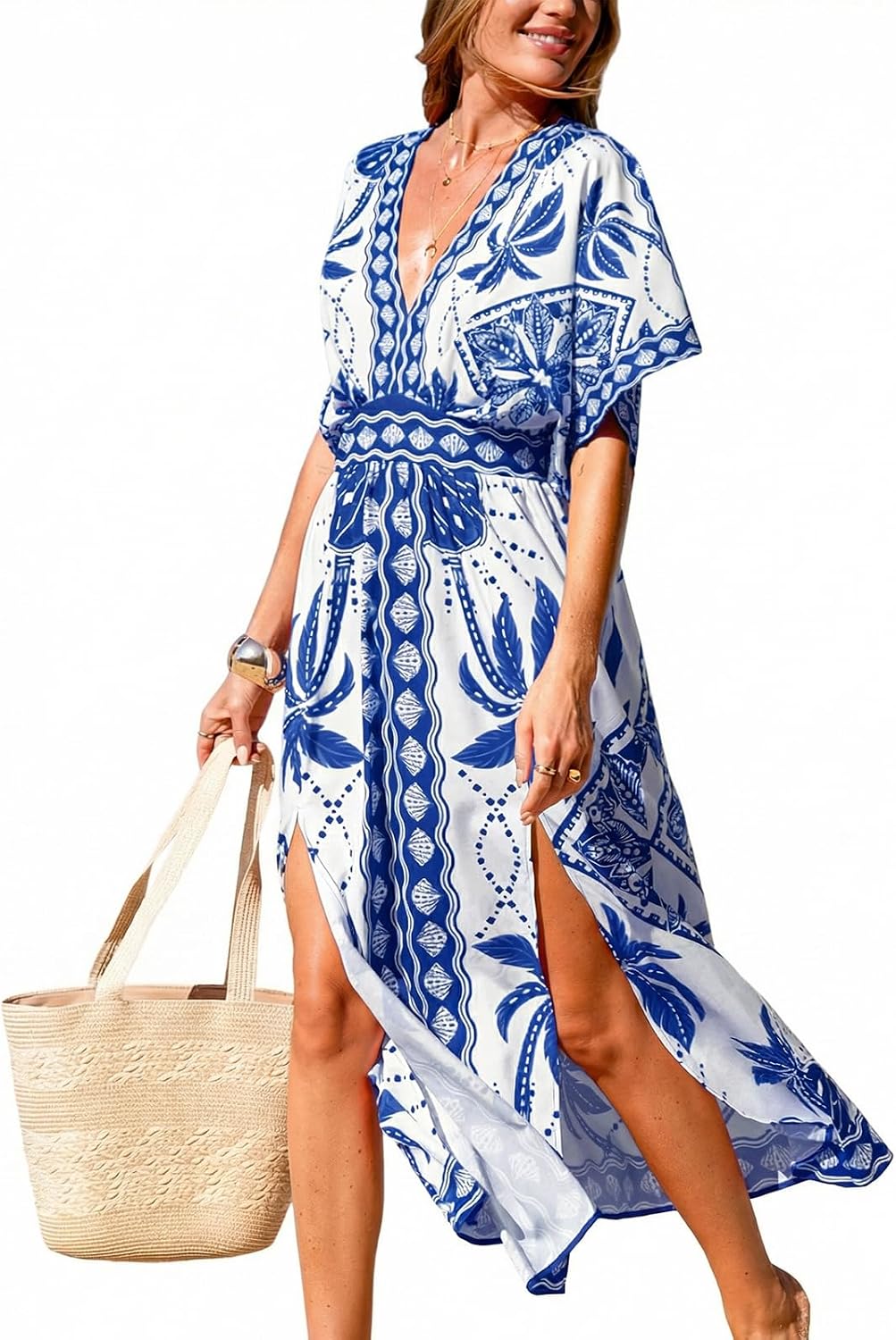 CUPSHE Womens Tropical Floral Maxi Dress V Neck Short Sleeve Smocked Side Slit Dress Summer Vacation Beach Pocket Long Dress
