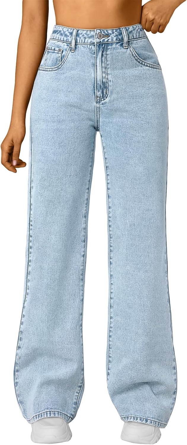 Trendy Queen Women’s High Waisted Straight Wide Leg Jeans, Comfort Stretch Baggy Denim Pants
