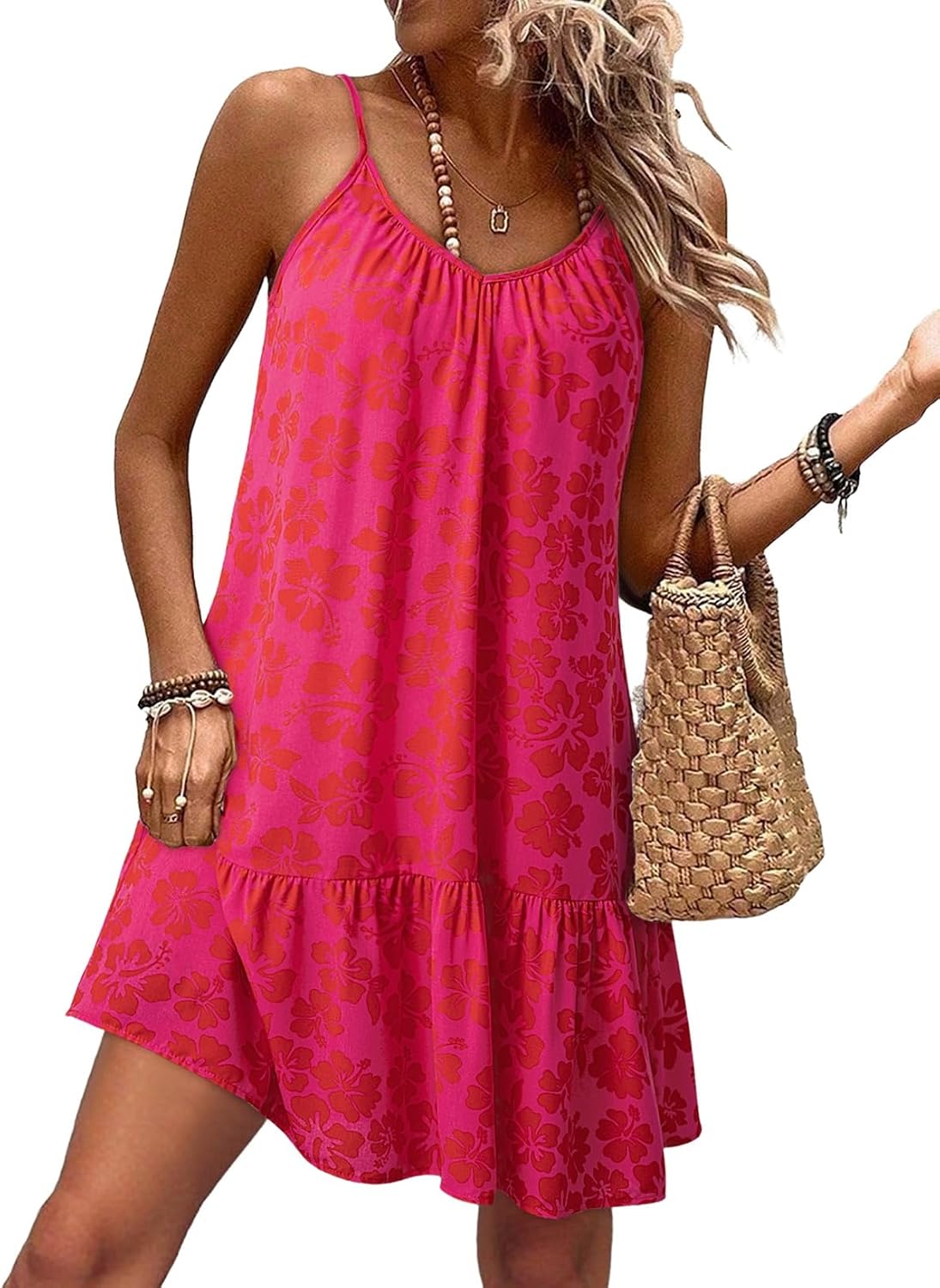 Dokotoo Summer Dresses for Women 2026 Spaghetti Strap Sexy Deep V Neck Smocked Ruffle Flowy Boho Dresses