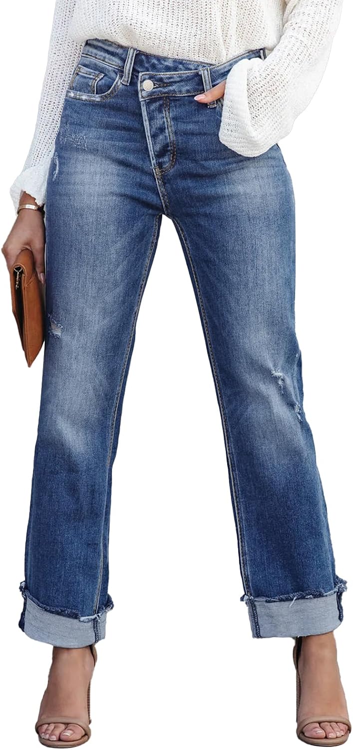 Metietila Jeans for Women Trendy High Waisted Corssover Boyfriend Jeans Distressed Stretchy Denim Pants
