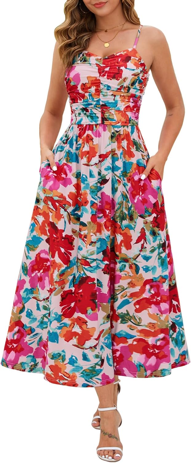 Annebouti Women 2026 Summer Spring Ruched Maxi Dress Adjustable Spaghetti Strap Floral Beach Long Sundress with Pockets