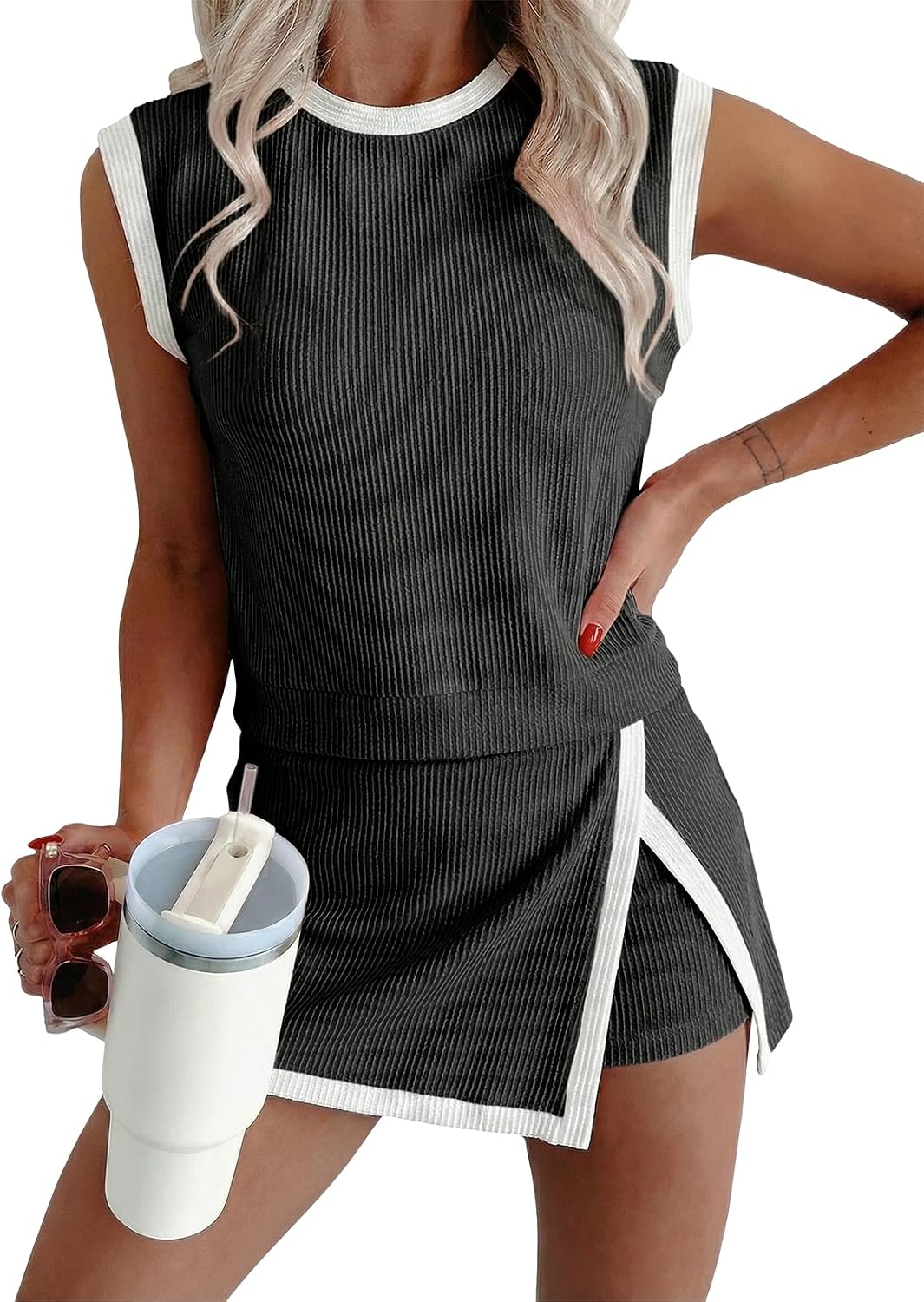 EVALESS 2 Piece Sets for Women Summer Outfits Ribbed Knit Tank Top and Split Lined Skirt Two Pieces Lounge Matching Set