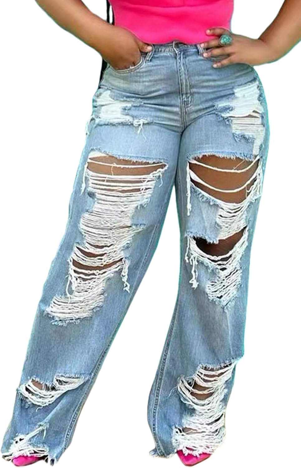 SHINFY Women’s Ripped Jeans Distressed Cutout High Waisted Baggy Straight Wide Leg Y2K Denim Pants