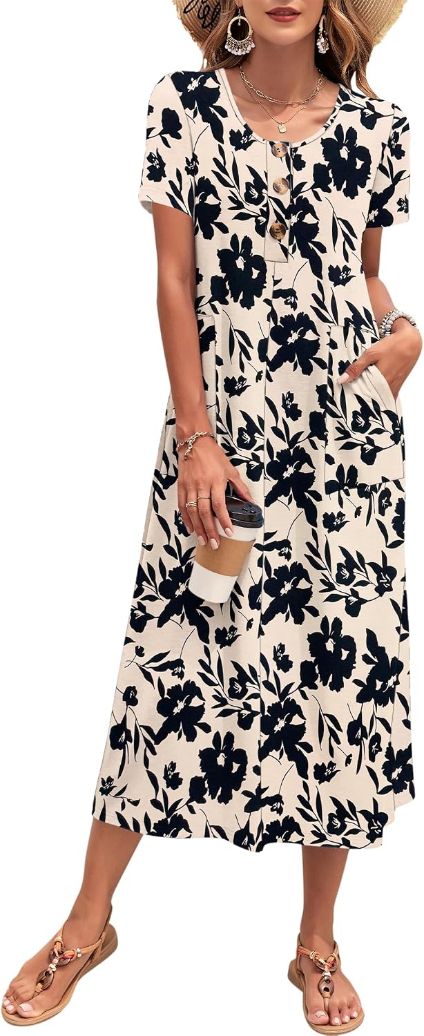 MOLERANI Women’s Summer Long Midi Dress 2026 Casual Loose Button Front Short Sleeve Beach Vacation Sundress with Pockets