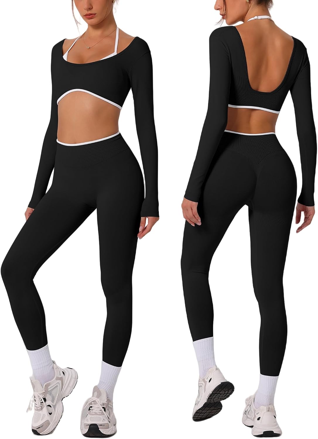 ABOCIW Workout Sets for Women Long Sleeve Crop Top Scrunch Butt Lifting High Waist Leggings 2 Piece Gym Yoga Outfits