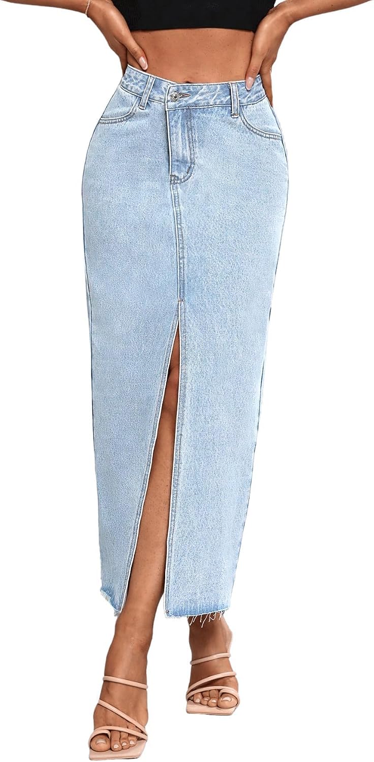 Women’s High Waist Stretch Maxi Denim Skirt Front Split Frayed Raw Hem A line Casual Long Jean Skirt