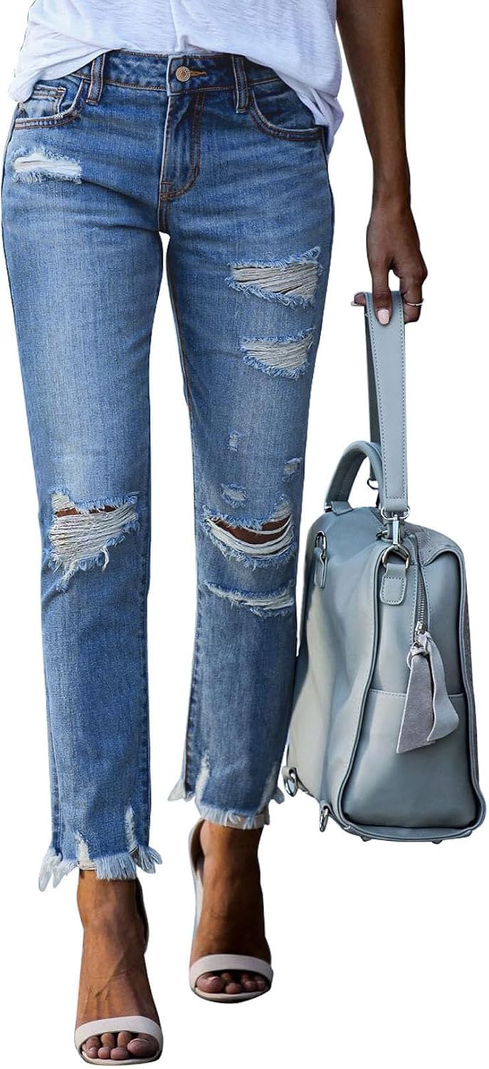 Sidefeel Women’s Ripped Jeans Straight Leg Distressed Boyfriend Denim Pants