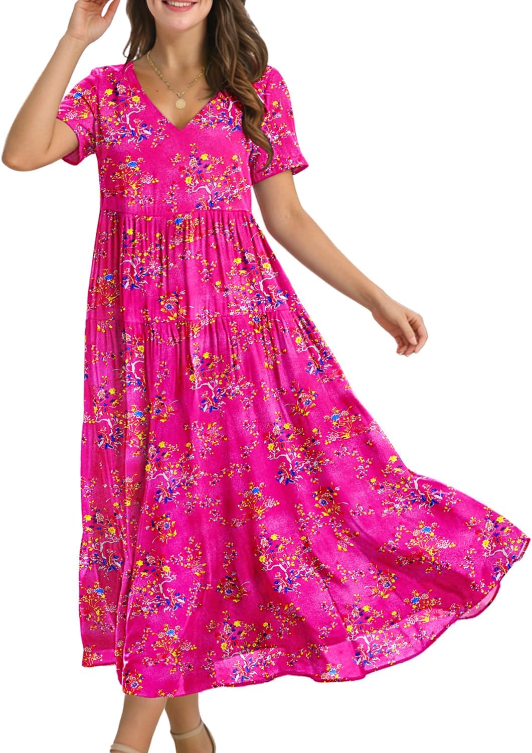 YESNO Women’s Summer Maxi Dresses Casual Floral Short Sleeve V Neck Boho Beach Vacation Swing Dress with Pockets EVF