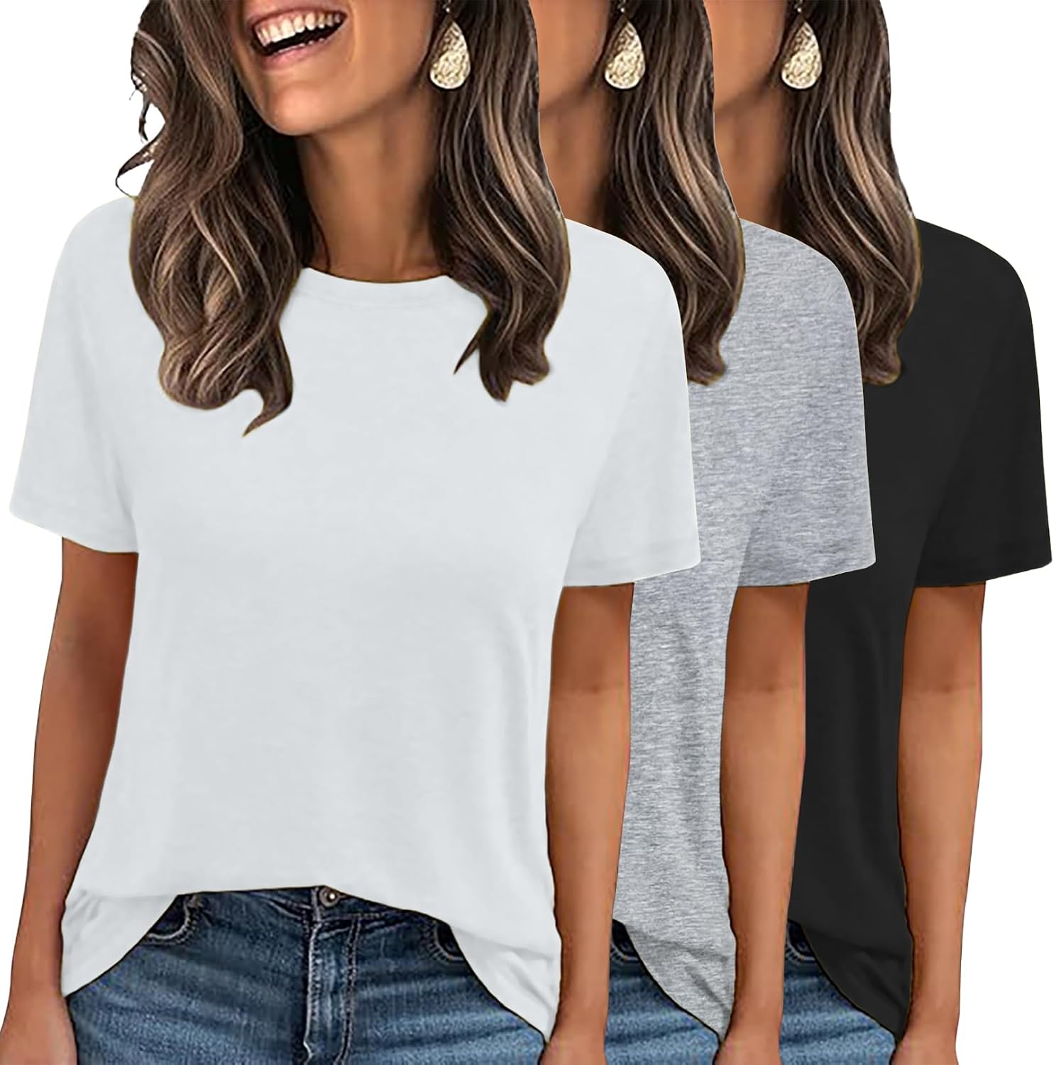 LOOKFACE 3 Pack Womens Basic T Shirts Summer Tops 2026 Short Sleeve Tees Comfy Casual Vacation Clothes