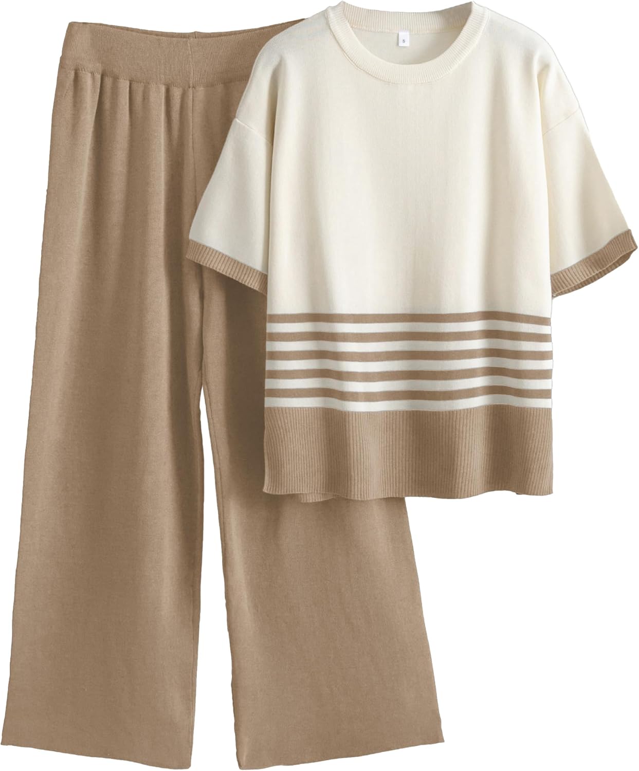 Women’s Knit Lounge Sets 2 Piece Spring Summer Outfits Pullover Crew Neck Short Sleeve Wide Leg Pants Sweatsuit