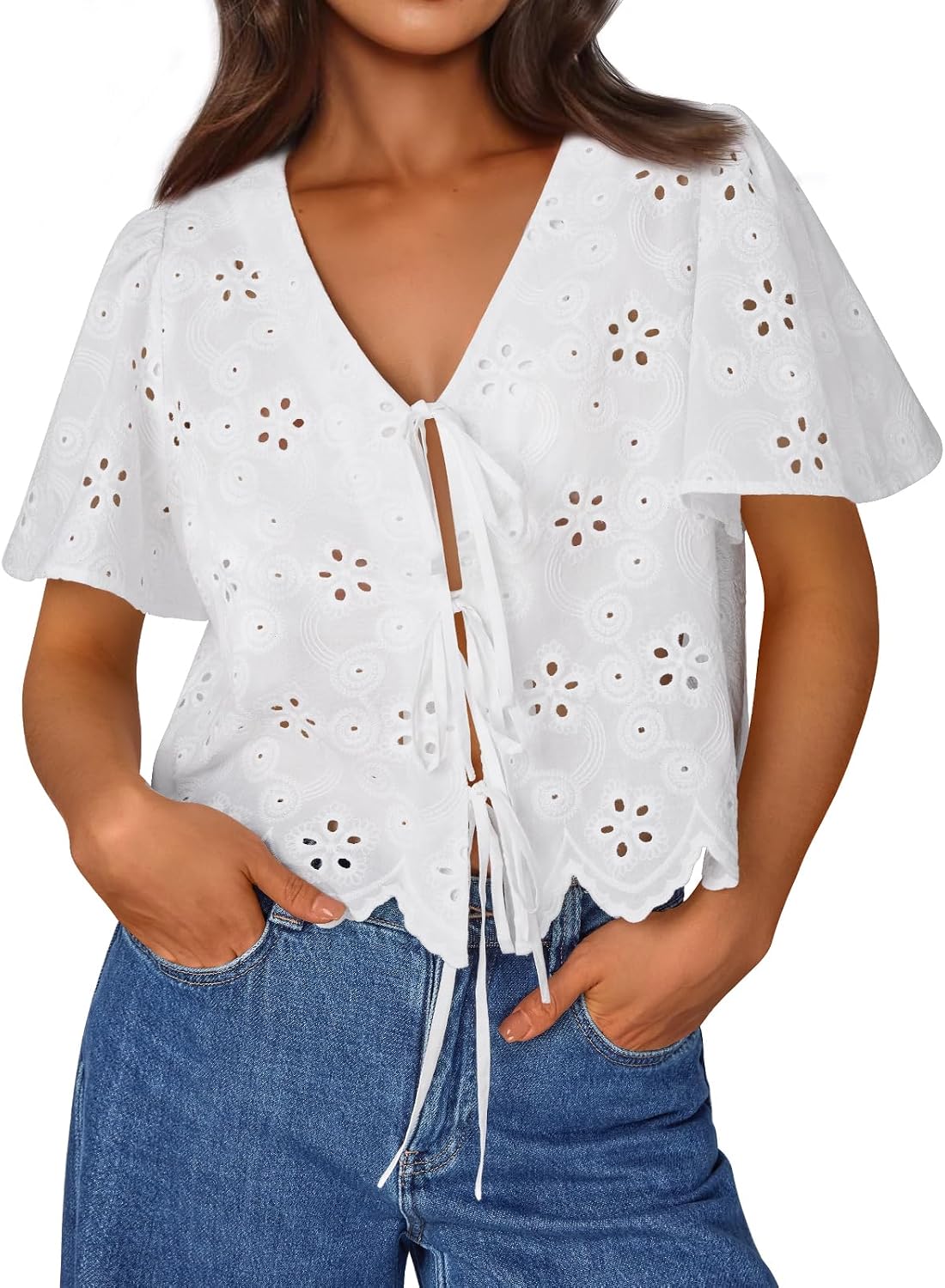 Trendy Queen Womens Summer Tops Cotton Tie Front Blouses | Bohemian Style, Crop Cute Top For Women, Puff Sleeve Flowy Top, Beach Vacation Outfits 2026, Eyelet Embroidered Clothes