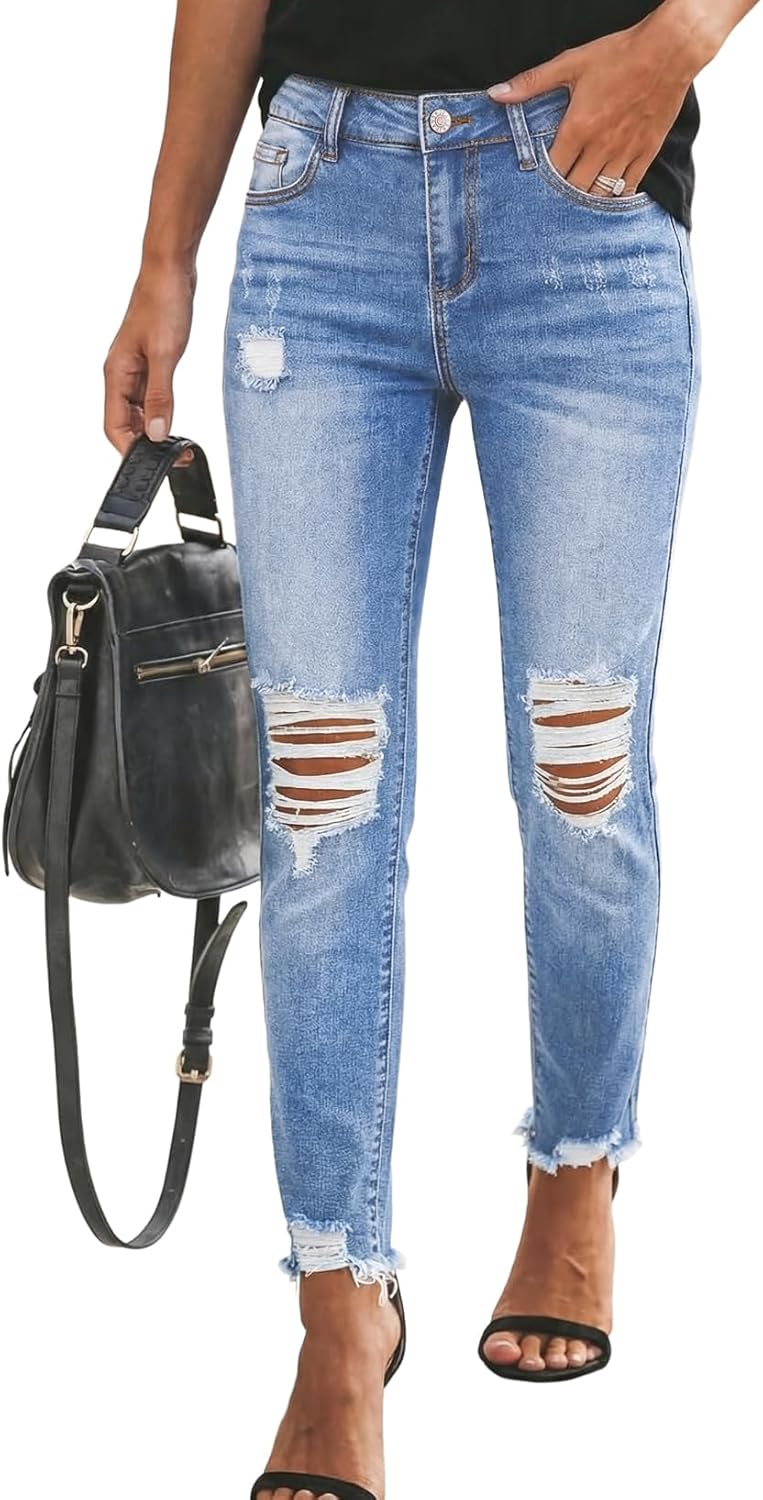 Sidefeel Women’s Boyfriend Jeans Stretchy Ripped Distressed Zimbaplatinum Denim Pants