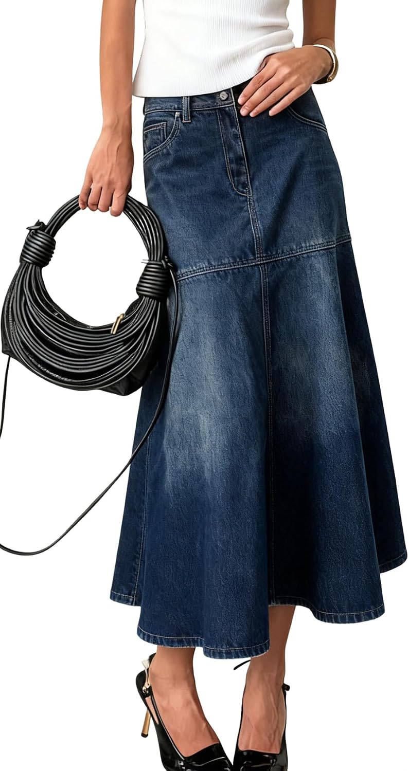chouyatou Women’s Elegant A-Line Pleated Jean Skirt Western Distressed Midi Long Fishtail Denim Skirt
