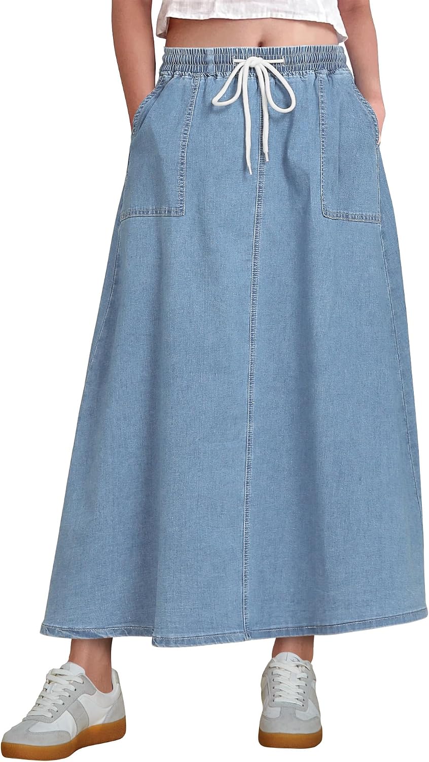 luvamia Denim Skirts for Women Trendy A Line Long Maxi Pull On Elastic Waist Drawstring Stretchy Jean Skirt with Pockets