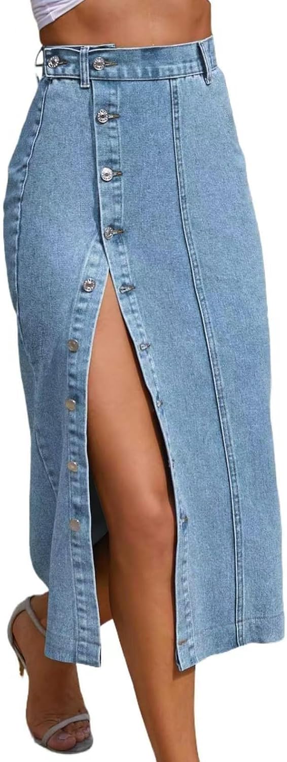 Women’s Casual Split Denim Midi Jean Skirt Stretch High Waisted Button Up with Side Slit