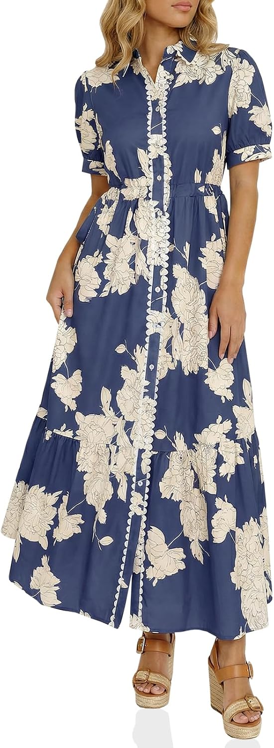 Wenrine Womens Casual Shirt Dress Floral Collared Short Sleeve Button Down Drawstring Waist Loose Summer Maxi Dresses