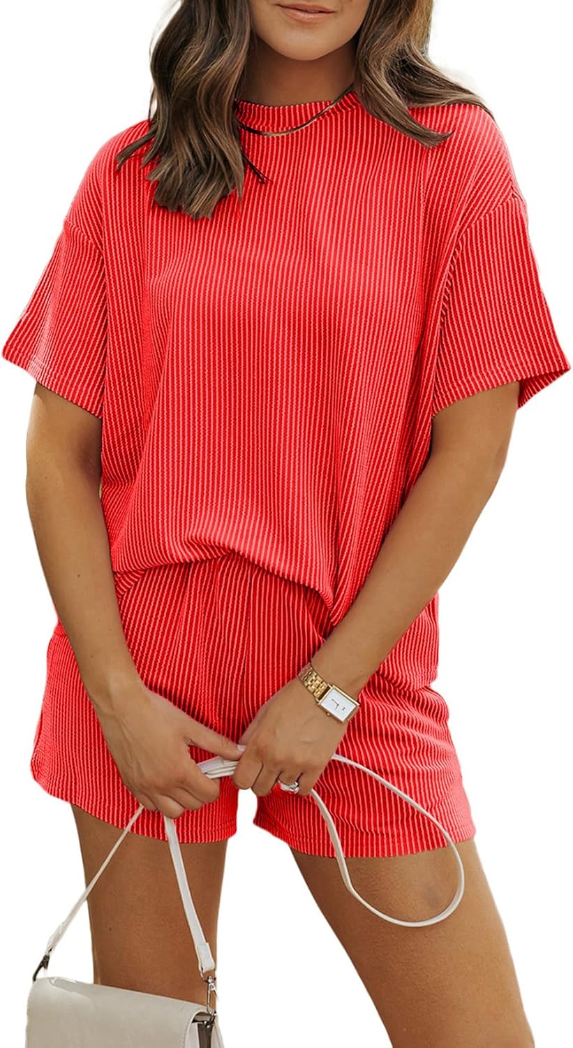 SHEWIN Two Piece Sets for Women Summer Short Sleeve Shirts High Waisted Shorts with Pockets Pajamas Lounge Matching Set
