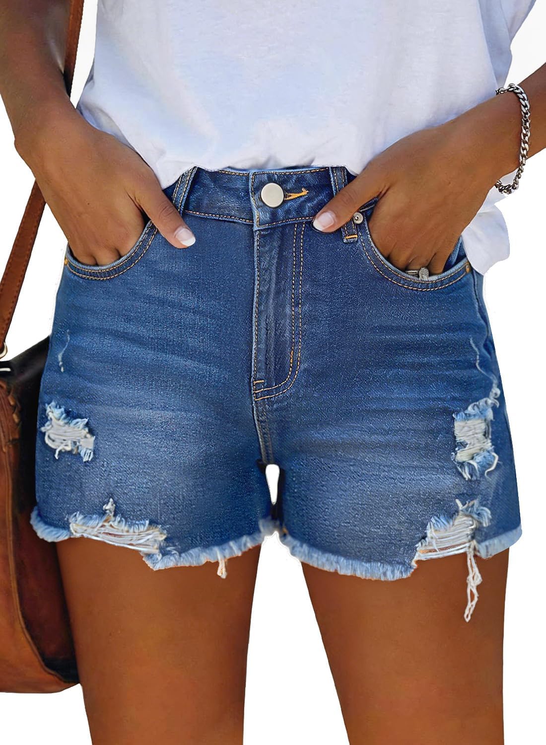 Bosmeer Jean Shorts for Women Casual Mid-Waisted Distressed Stretchy Denim Short Ripped Frayed Hem Summer Jorts