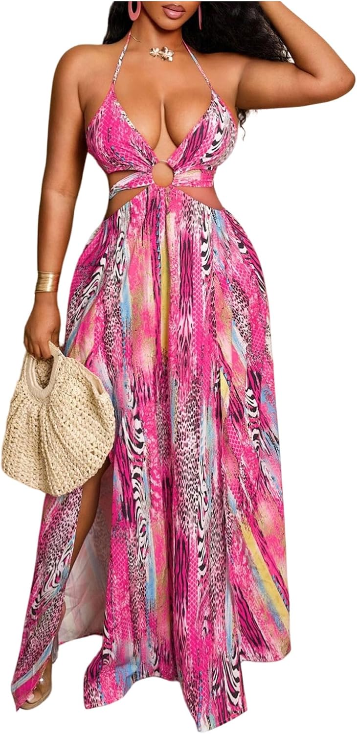OYOANGLE Women’s Boho Maxi Dress Printed Ring Linked Tie Backless High Slit Ruffle A Line Vacation Hawaiian Dresses