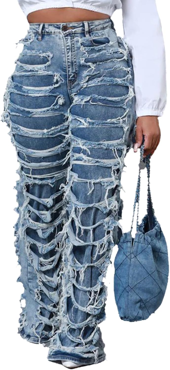 KnoInt Women’s Wide Leg Straight Jeans High Waisted Baggy Stretch Loose Denim Pants
