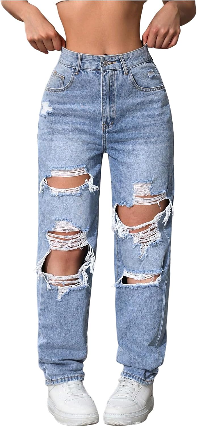 Floerns Women’s High Waisted Distressed Jeans Straight Leg Casual Ripped Denim Pants