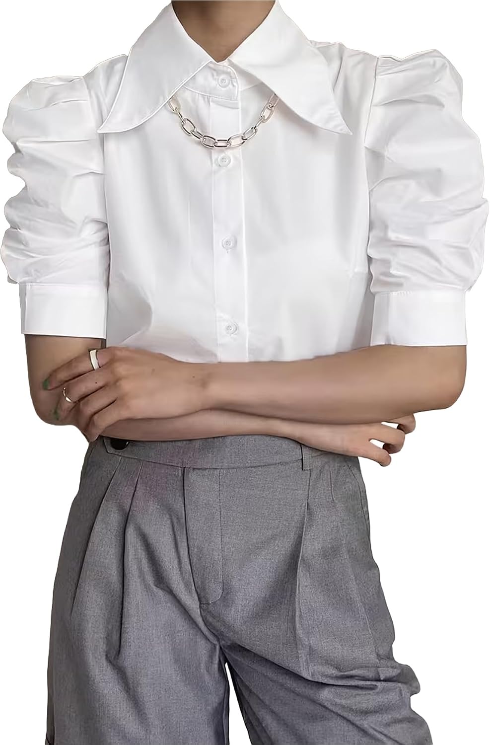 SUNNOW Women’s Short Sleeve Blouse with Ruffles and Puff Sleeves Elegant Pleated Tops for Women Casual Office Shirt