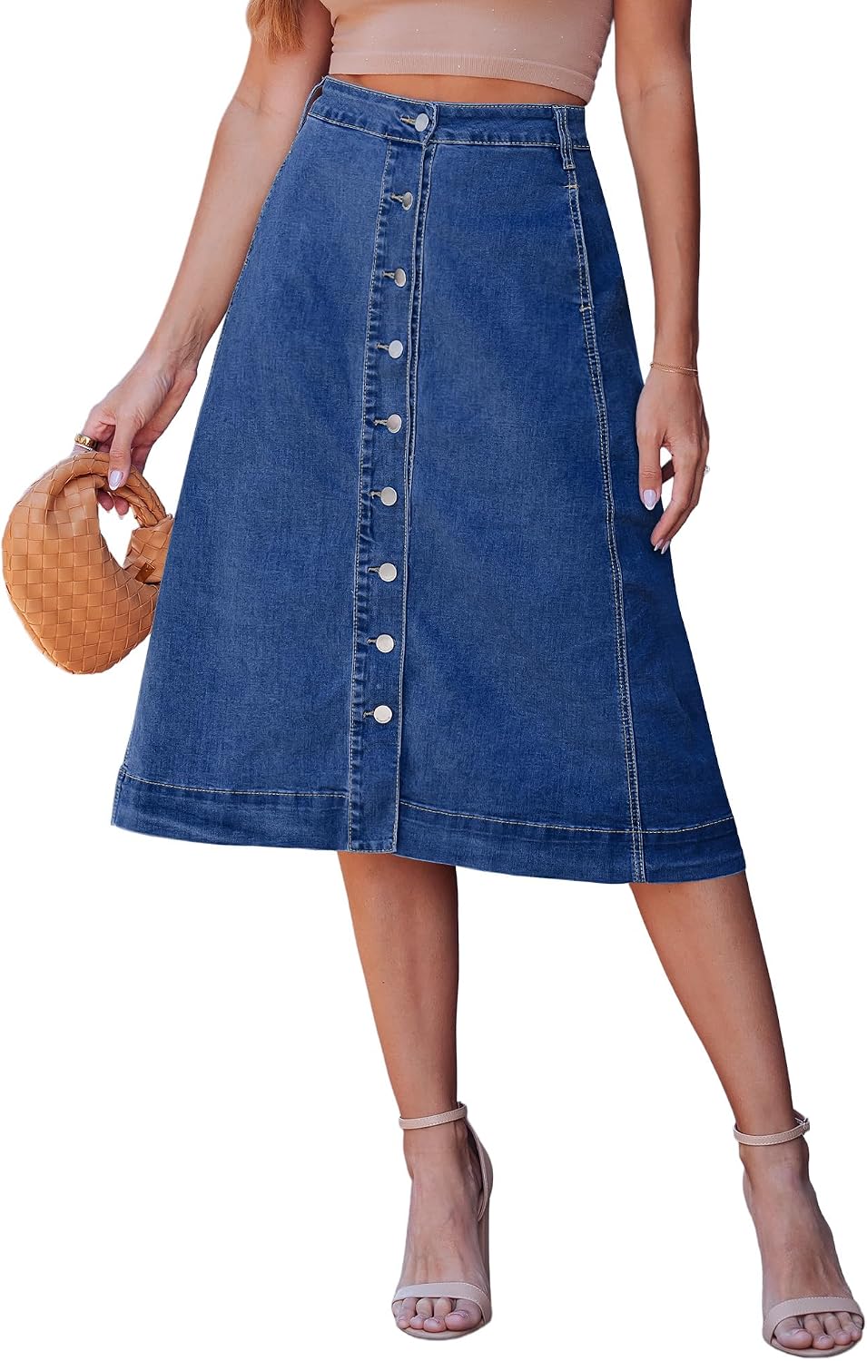 luvamia Jean Skirts for Women Trendy Midi Length A Line Western Casual Button Down Stretchy Denim Skirt with Pockets
