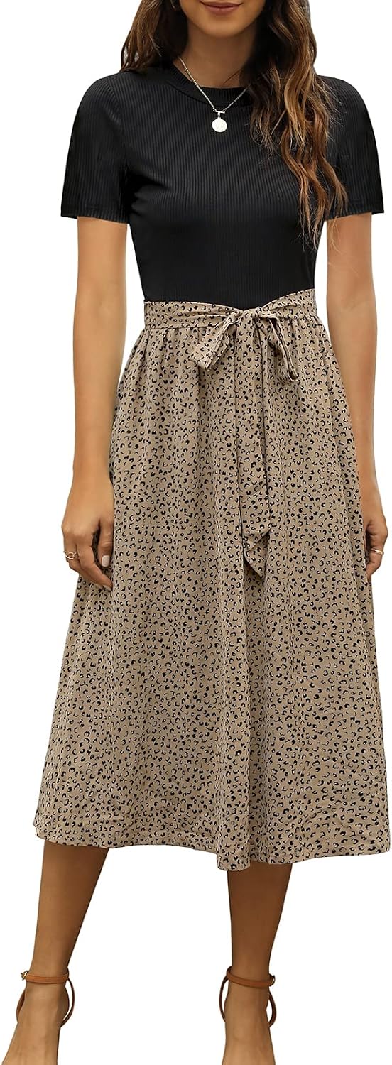 Zattcas Women 2026 Summer Dress Short Sleeve Ribbed Teacher Church Modest Business Casual Work Outfits Midi Dress