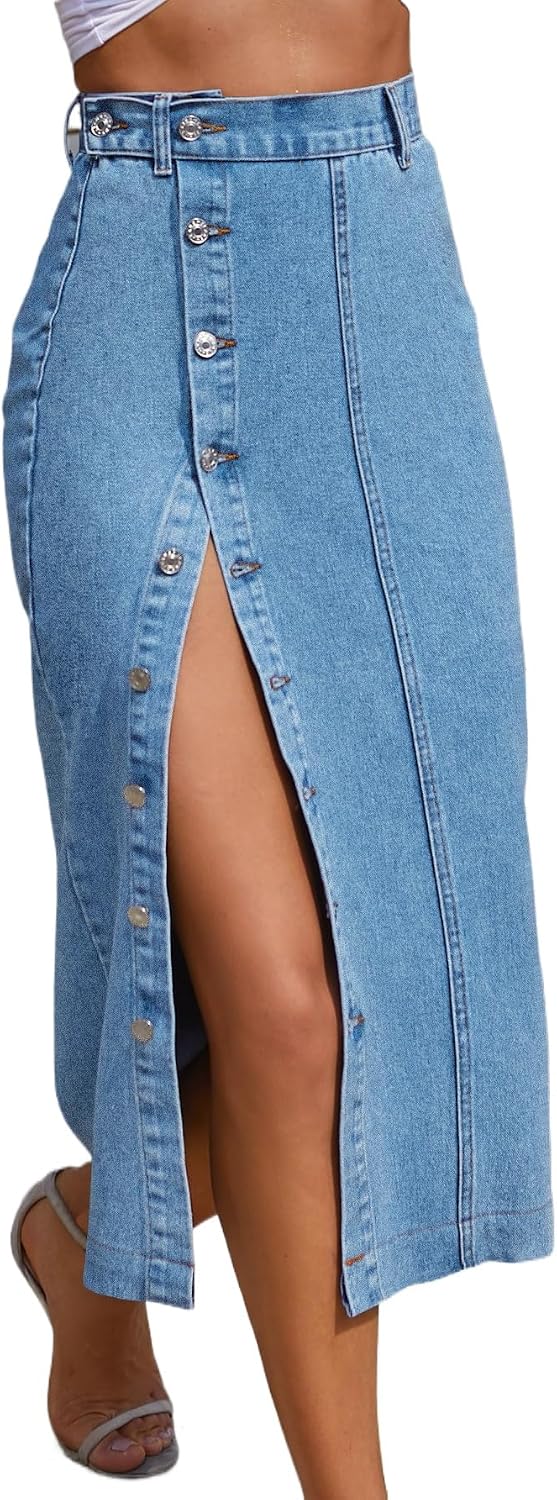 Trendy High Waisted Denim Skirt for Women Button Front Slit Midi Skirt for Ladies Fashion 2025 Summer