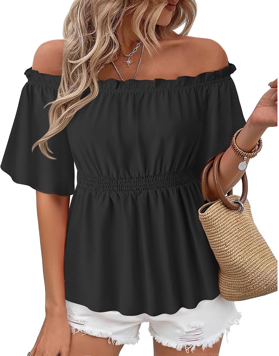 Bebonnie Women’s Summer Sexy Off The Shoulder Peplum Tops Ruffle Sleeve Dressy Blouses
