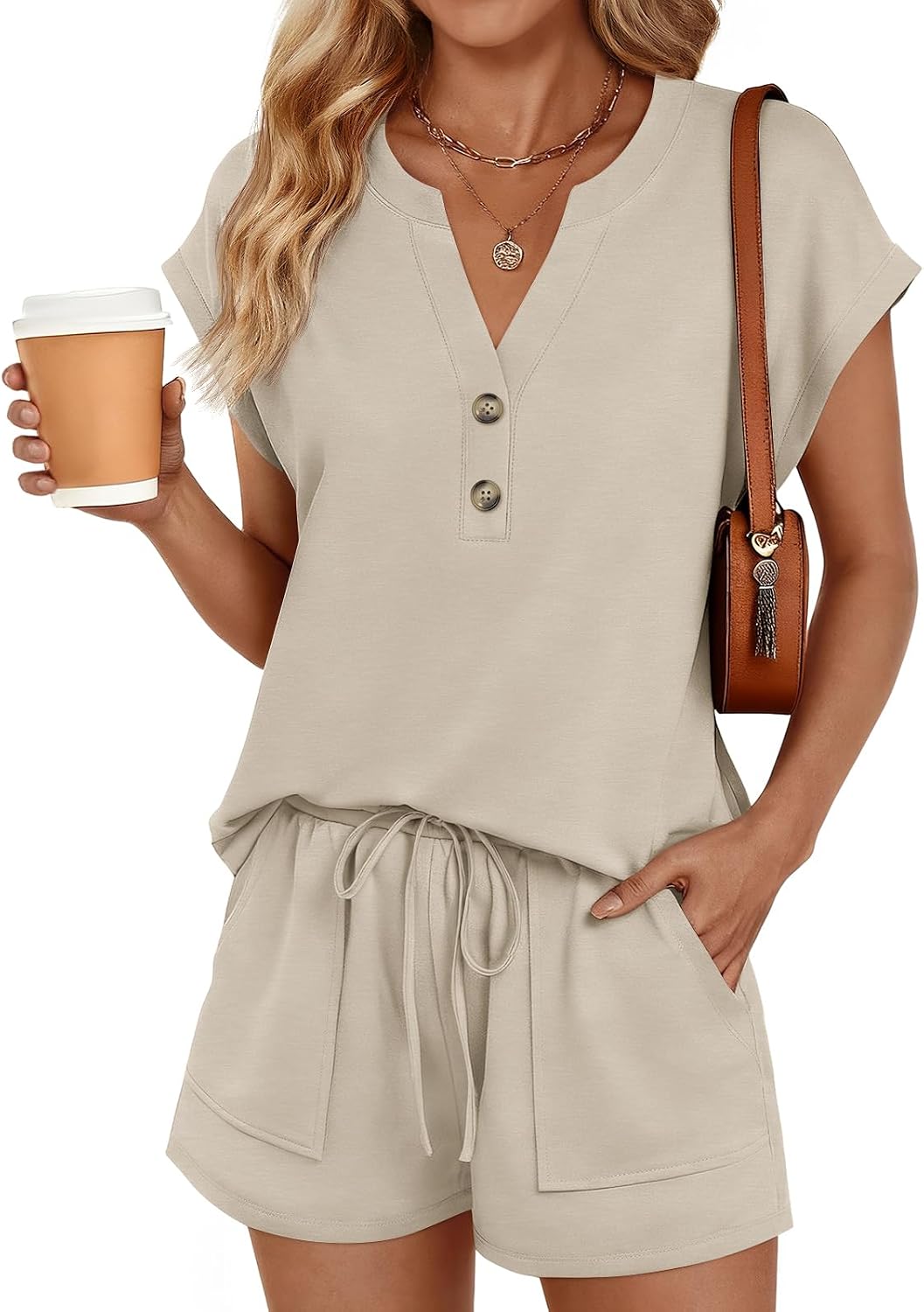 LILLUSORY 2 Piece Summer Set 2026 Henley Top & Drawstring Shorts with Pockets