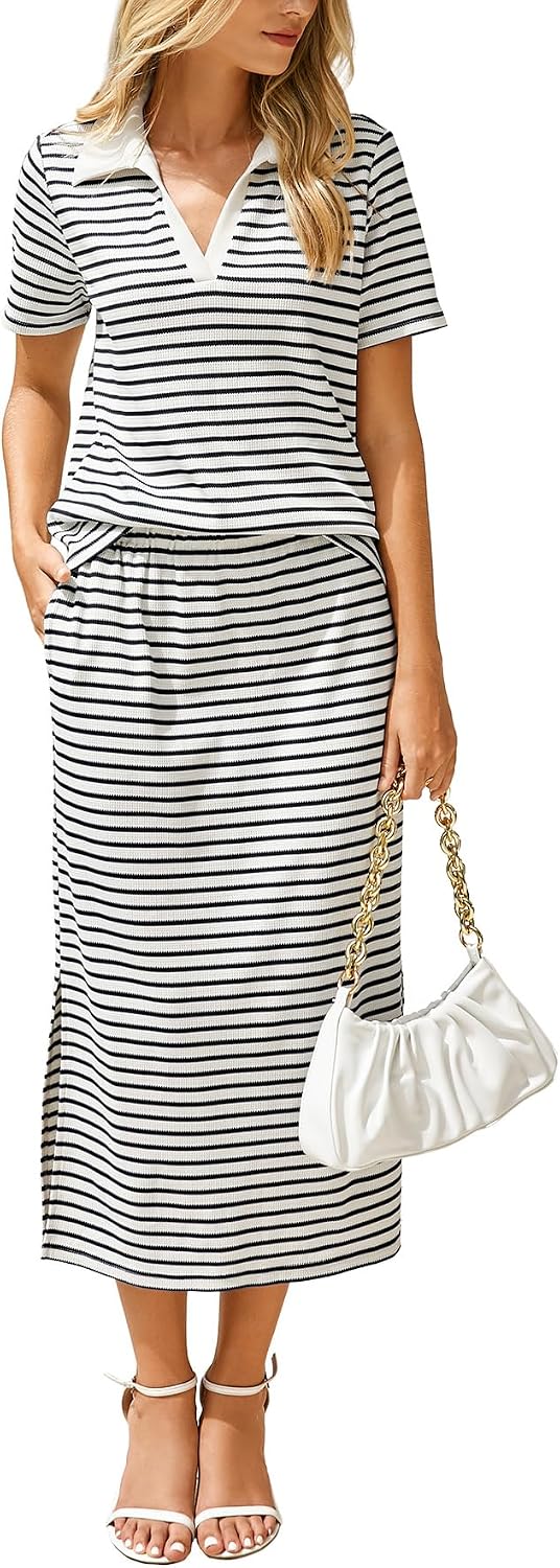 Glamaker Womens Skirt Sets 2 Piece Outfits 2025 Summer Casual Striped Short Sleeve Skirt And Top Set Travel Clothes