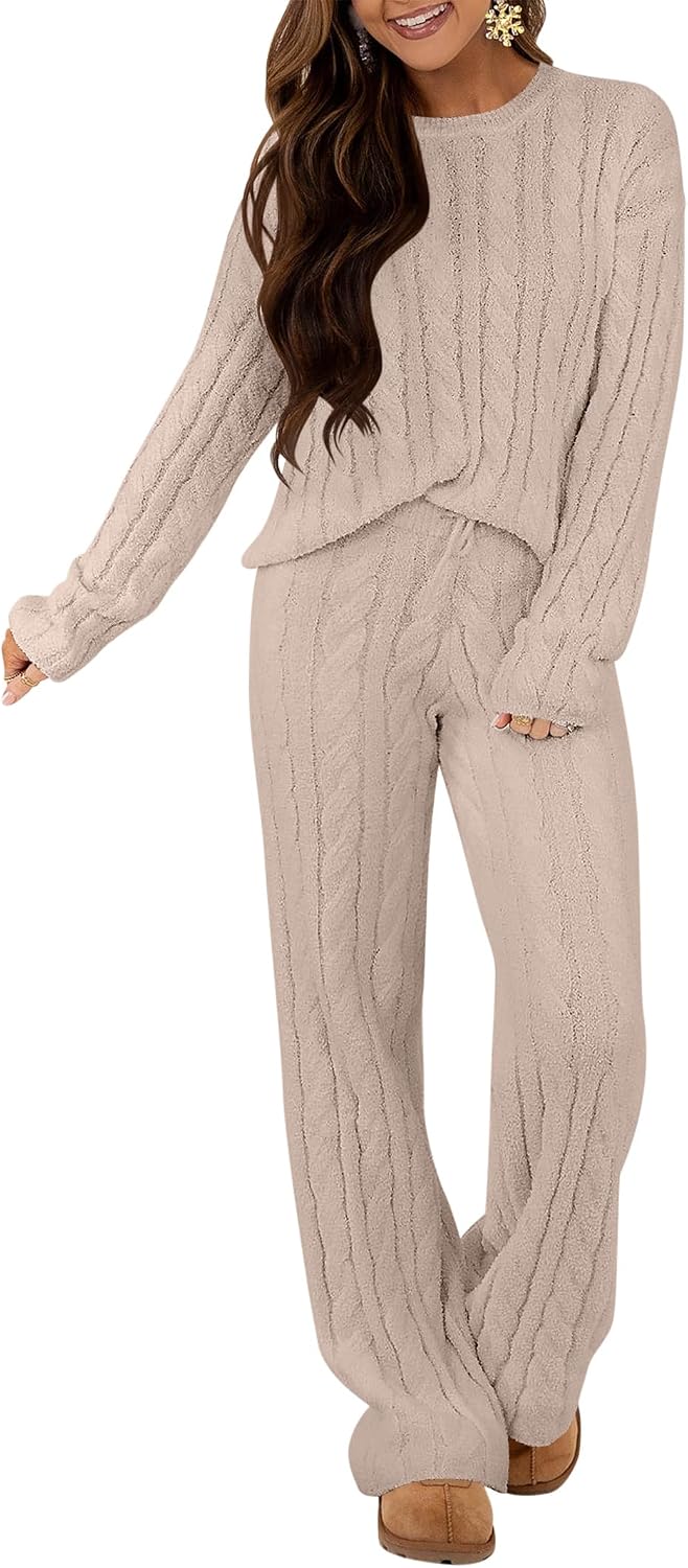 ANRABESS Women’s Fuzzy Fleece Pajama Set 2 Piece Outfits Lounge Knit Oversized Sweater Pj Sets 2026 Fall Winter Loungewear