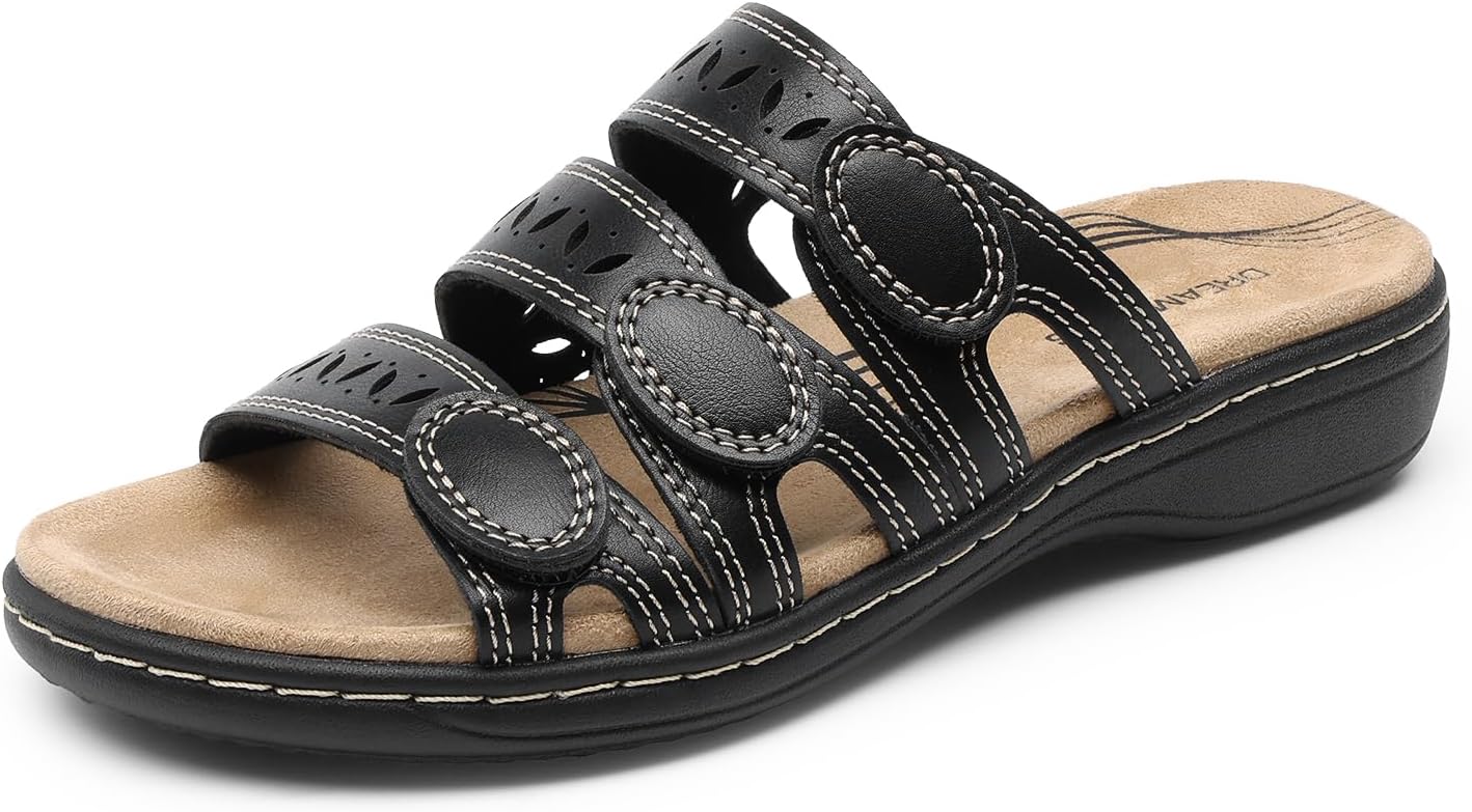 DREAM PAIRS Women’s Slide Sandals Comfortable Arch Support Casual Walking Sandals Adjustable Straps Slip On Low Wedge Flat Sandals