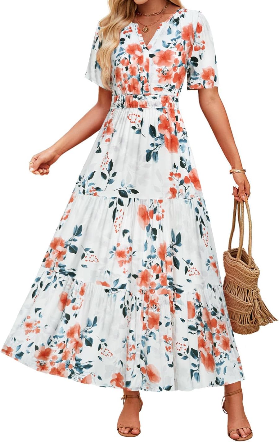 ZESICA Women’s 2026 Summer Spring Floral Boho Maxi Dresses Casual Short Sleeve V Neck A Line Flowy Beach Vacation Dress