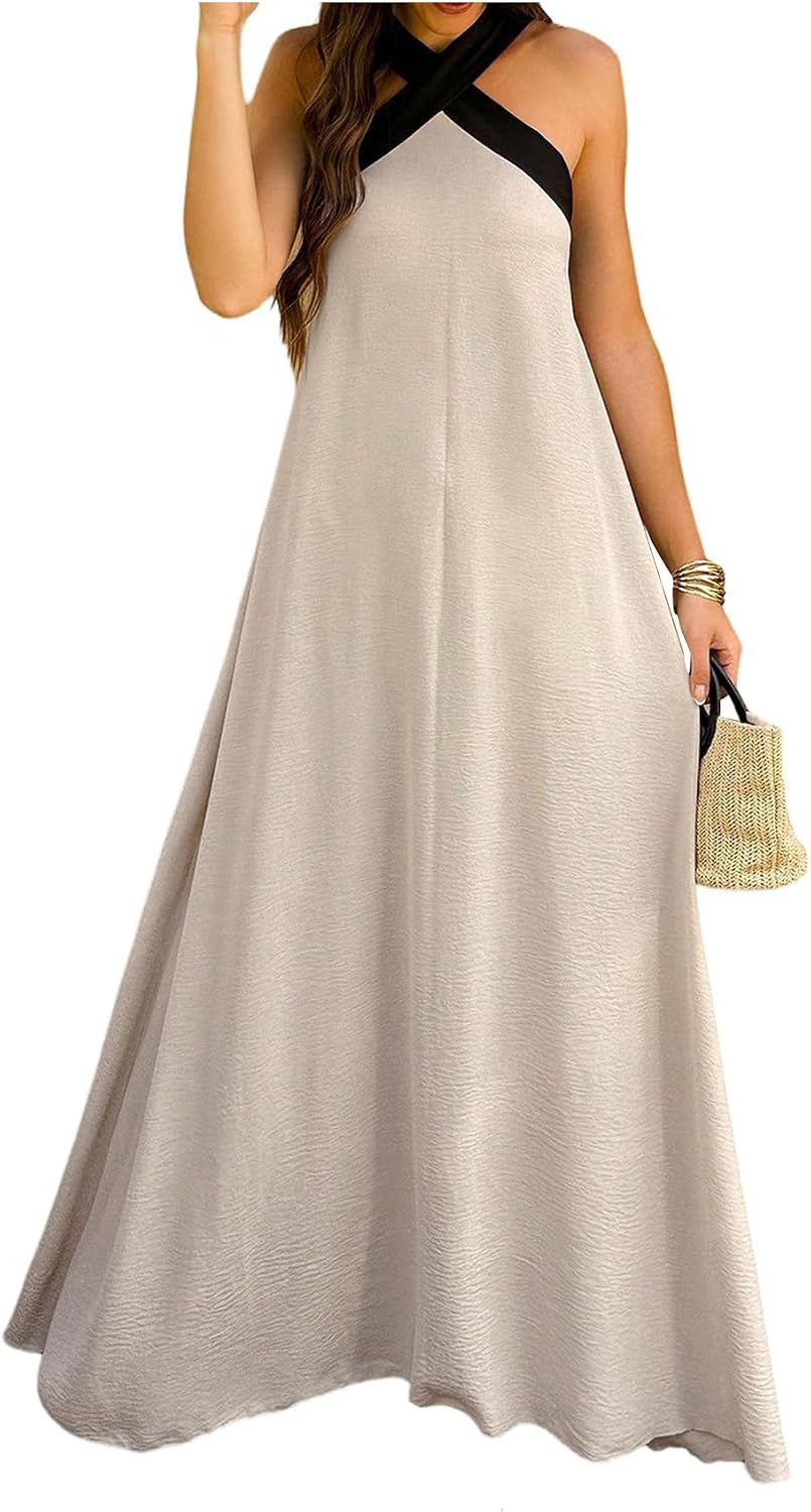 OYOANGLE Women’s Color Block Criss Cross Sleeveless Flowy Maxi Dress Beach Vacation Dresses