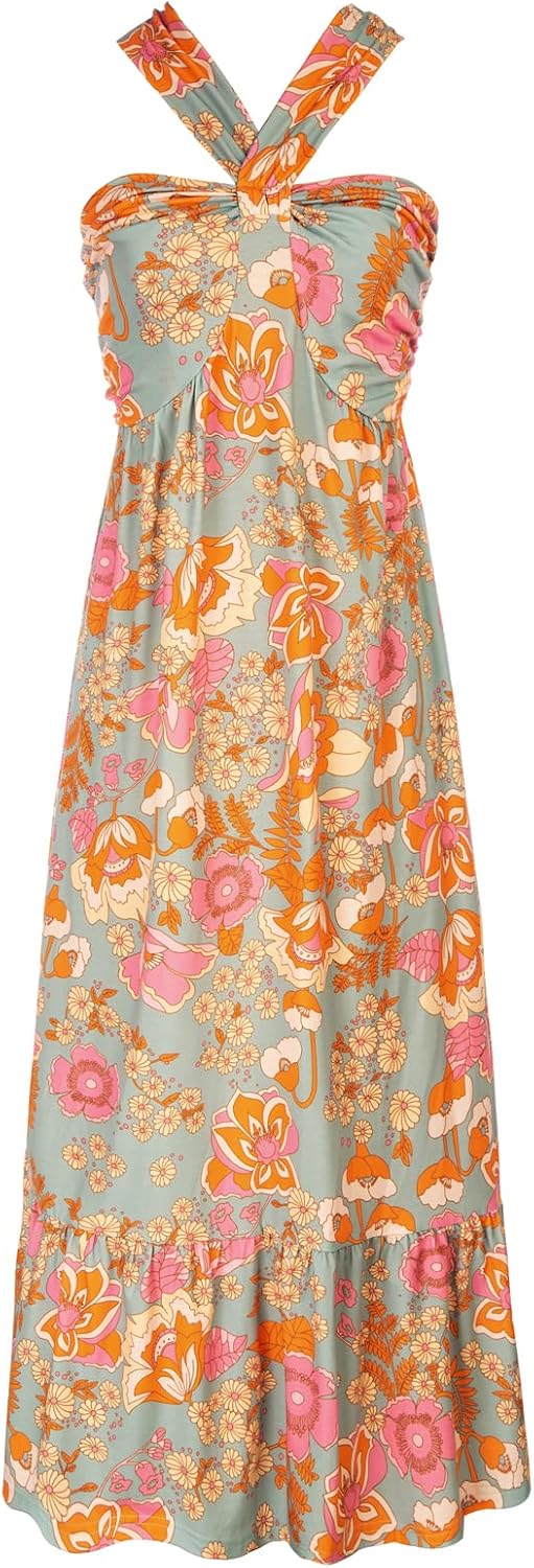 GRACE KARIN Womens Summer Floral Dresses 2026 Boho Maxi Dress Flowy Halter Sundress Casual Vacation Beach Clothes with Pocket