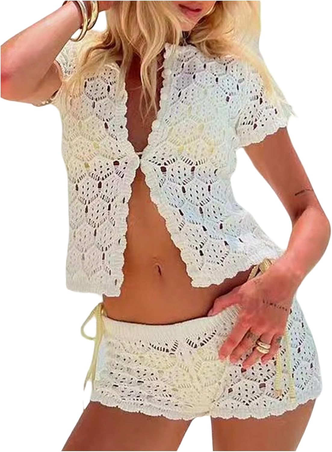 GORGLITTER Women’s Crochet Short Sets Short Sleeve Button Down Cardigan Top and Shorts Vacation Outfits