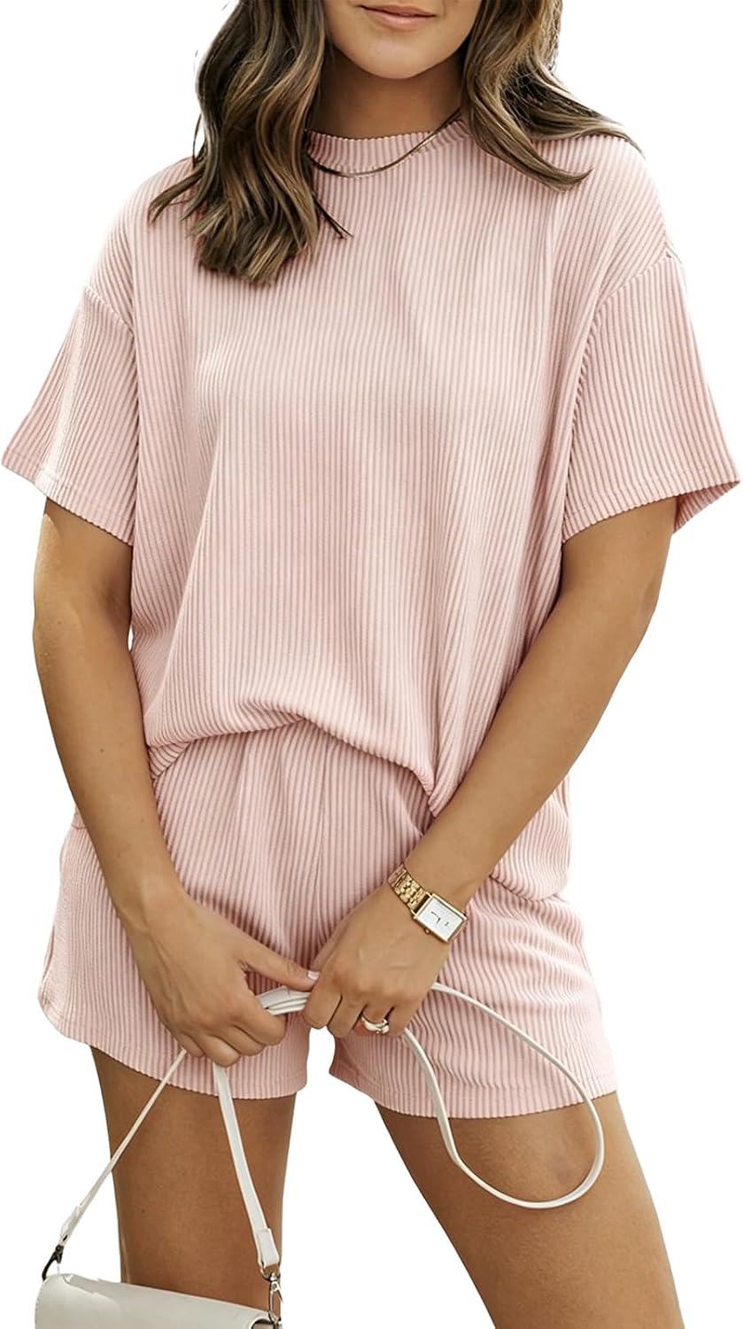 BDITANLE Women’s 2 Piece Lounge Set Short Sleeve Wide Leg Shorts Pockets | Vibrant ribbed knit, breathable summer two-piece set, relaxed stretch waistband for daily lounge and casual outings