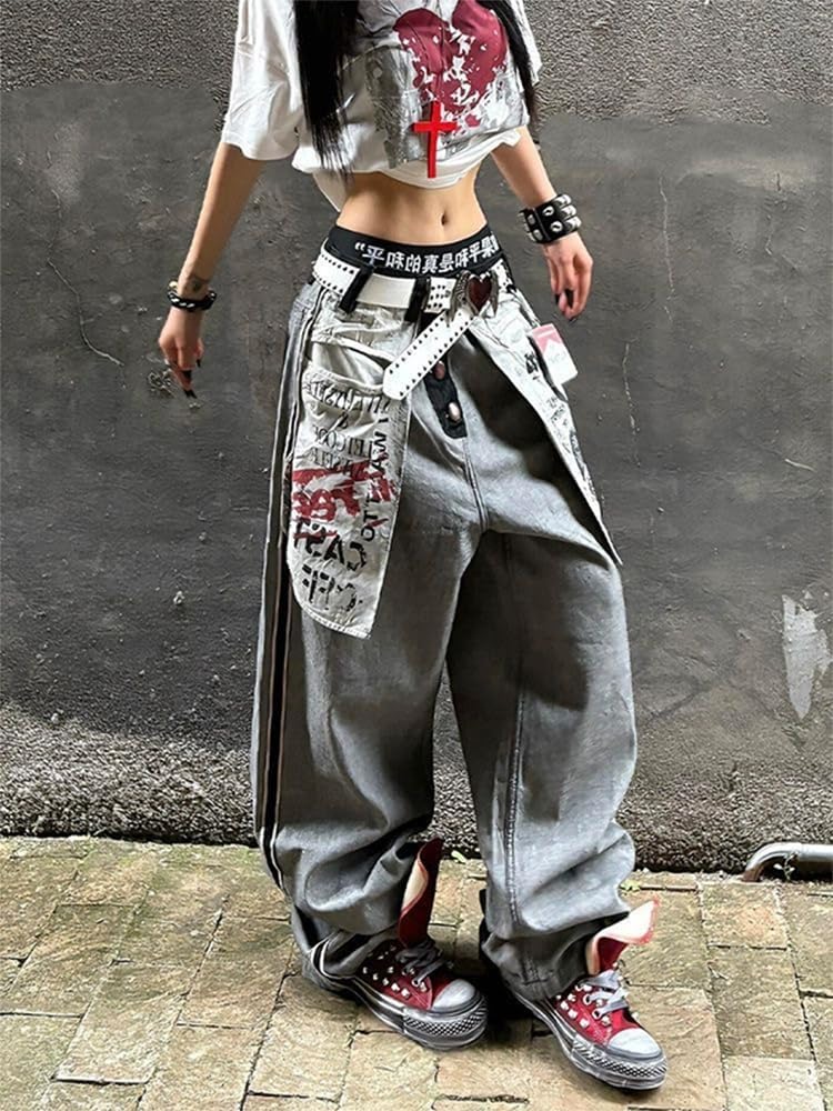 Y2k Vintage Grunge Reverse Big Pocket Graffiti Harajuku Baggy Jeans Hiphop Punk Loose Casual Wide Leg Denim Pants