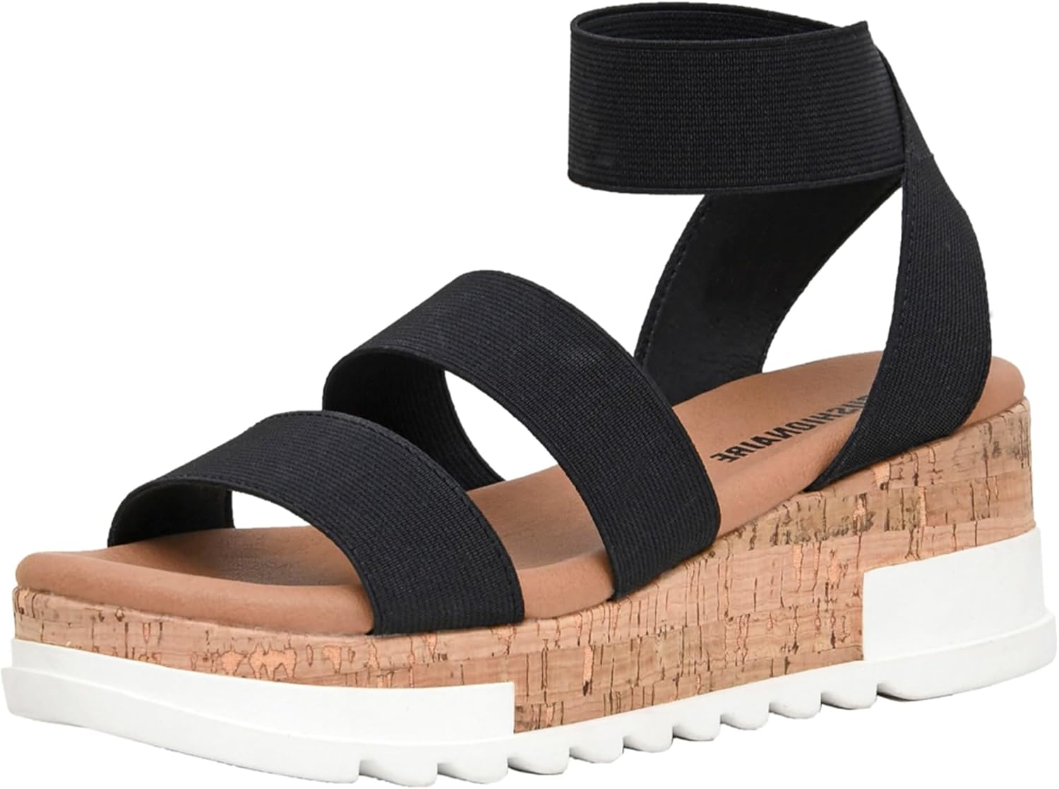 CUSHIONAIRE Naomi Cork Wedge Sandals for Women – Soft Stretch Straps Comfortable Platform Sandals for Women with Memory Foam Insole, Wide Widths Available